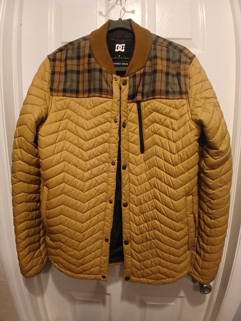DC Men's Quilted Mustard Puffer Jacket with Plaid Yoke